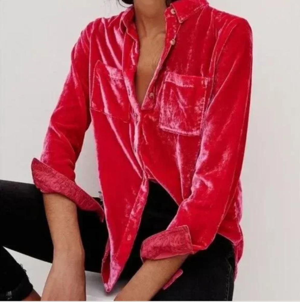 Anthropologie Pilcro Velvet Buttonfront Blouse in Watermelon Size 10P